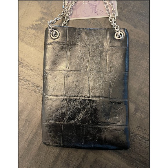 NEW -Youmi K. Black Croc Embossed Studded Crossbody Flat Pouch Faux Leather Bag - Picture 5 of 16